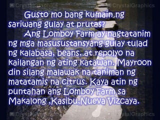 Gusto mo bang kumain ng
sariwang gulay at prutas?
Ang Lomboy Farm ay nagtatanim
ng mga masusustansyang gulay tulad
ng kalabasa, beans, at repolyo na
kailangan ng ating katawan. Mayroon
din silang malawak na taniman ng
matatamis na citrus. Kaya atin ng
puntahan ang Lomboy Farm sa
Makalong ,Kasibu,Nueva Vizcaya.

 