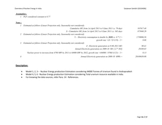 Overview of Nuclear Energy In India                                                                                                  Sarjeevan Sainbhi (20104006)

 Assumption :
     1 PLF considered constant to 0.77

 Notes :
      1 Estimated as follows (Linear Projection only, Seasonality not considered):
                                                                Cumulative MU from 1st April 2011 to 9 June 2011 i.e. 70 days                         167817.48
                                                           X - Cumulative MU from 1st April 2011 to 9 June 2011 i.e. 365 days                         875048.29
      2 Estimated as follows (Linear Projection only, Seasonality not considered):
                                                                      Y - Electricity consumption to double by 2020 i.e. X * 2 =                    1750096.58
                                                                                                   growth rate =(X / Y)^(1/9) - 1=                        0.08
      3 Estimated as follows (Linear Projection only, Seasonality not considered):
                                                                                     Z - Electricity generation on 9-06-2011 MU                           80.41
                                                                       Annual Electricity generation on 2009-10 MU [ Z * 365]                          29349.65
                Nuclear power to increase from 4780 MW by 2011 to 64000 MW by 2032, growth rate =(64000 / 4780)^(1/21) - 1=                                 0.13
       4                                                                       Annual Electricity generation on 2009-10 MWh =                      29349650.00



 Description:

             Model 1, 2, 3 – Nuclear Energy production Estimation considering 44000 Tonnes of Uranium found in Andrapradesh
             Model 4, 5, 6 - Nuclear Energy production Estimation considering Total uranium resource available in india.
             For knowing the data sources, refer Para. 14 - References.




                                                                                                                                                     Page 16 of 17
 