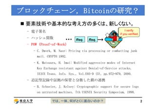 ブロックチェーンブロックチェーン,, BitcoinBitcoinの研究？の研究？
 要素技術や基本的な考え方の多くは、新しくない。
電子署名 Verify verifyI verify- 電子署名
- ハッシュ関数 Req.Req.
Ver...