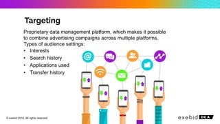 Proprietary data management platform, which makes it possible
to combine advertising campaigns across multiple platforms.
Types of audience settings:
• Interests
• Search history
• Applications used
• Transfer history
© exebid 2016. All rights reserved
 