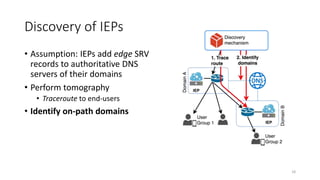 Discovery of IEPs
• Assumption: IEPs add edge SRV
records to authoritative DNS
servers of their domains
• Perform tomograp...