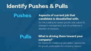 Aspects of current job that
candidate is dissatisfied with.
Ex: Hit a ceiling for career growth, bad culture fit,
change in management, lack of confidence in
direction of company
Identify Pushes & Pulls
Pushes
Pulls What is driving them toward your
company?
Ex: Desire for intellectual stimulation, opportunity
for growth, enthusiasm for company mission
 
