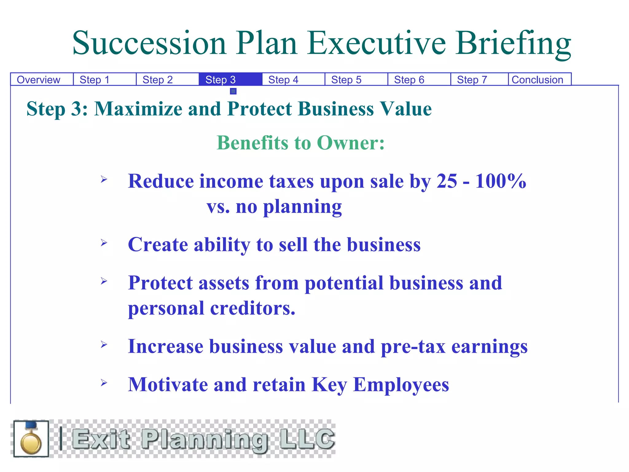 Succession Plan Executive Briefing
Overview   Step 1    Step 2   Step 3   Step 4   Step 5   Step 6   Step 7   Conclusion


 Step 3: Maximize and Protect Business Value
                                Benefits to Owner:
                   Reduce income taxes upon sale by 25 - 100%
                            vs. no planning
                   Create ability to sell the business
                   Protect assets from potential business and
                    personal creditors.
                   Increase business value and pre-tax earnings
                   Motivate and retain Key Employees
 