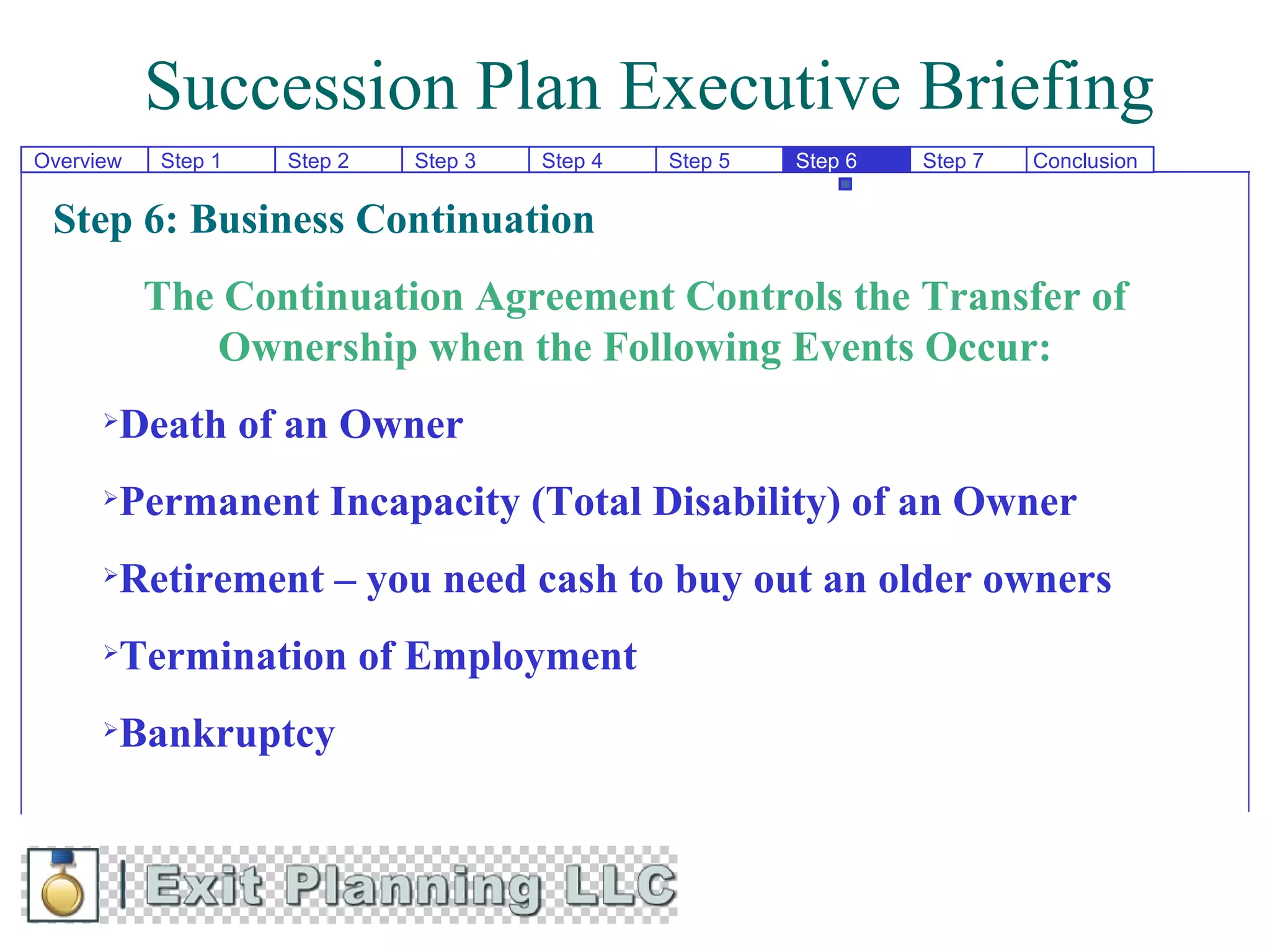 Succession Plan Executive Briefing
Overview   Step 1   Step 2   Step 3   Step 4   Step 5   Step 6   Step 7   Conclusion


 Step 6: Business Continuation
           The Continuation Agreement Controls the Transfer of
              Ownership when the Following Events Occur:
      Death of an Owner
      Permanent Incapacity (Total Disability) of an Owner
      Retirement – you need cash to buy out an older owners
      Termination of Employment
      Bankruptcy
 