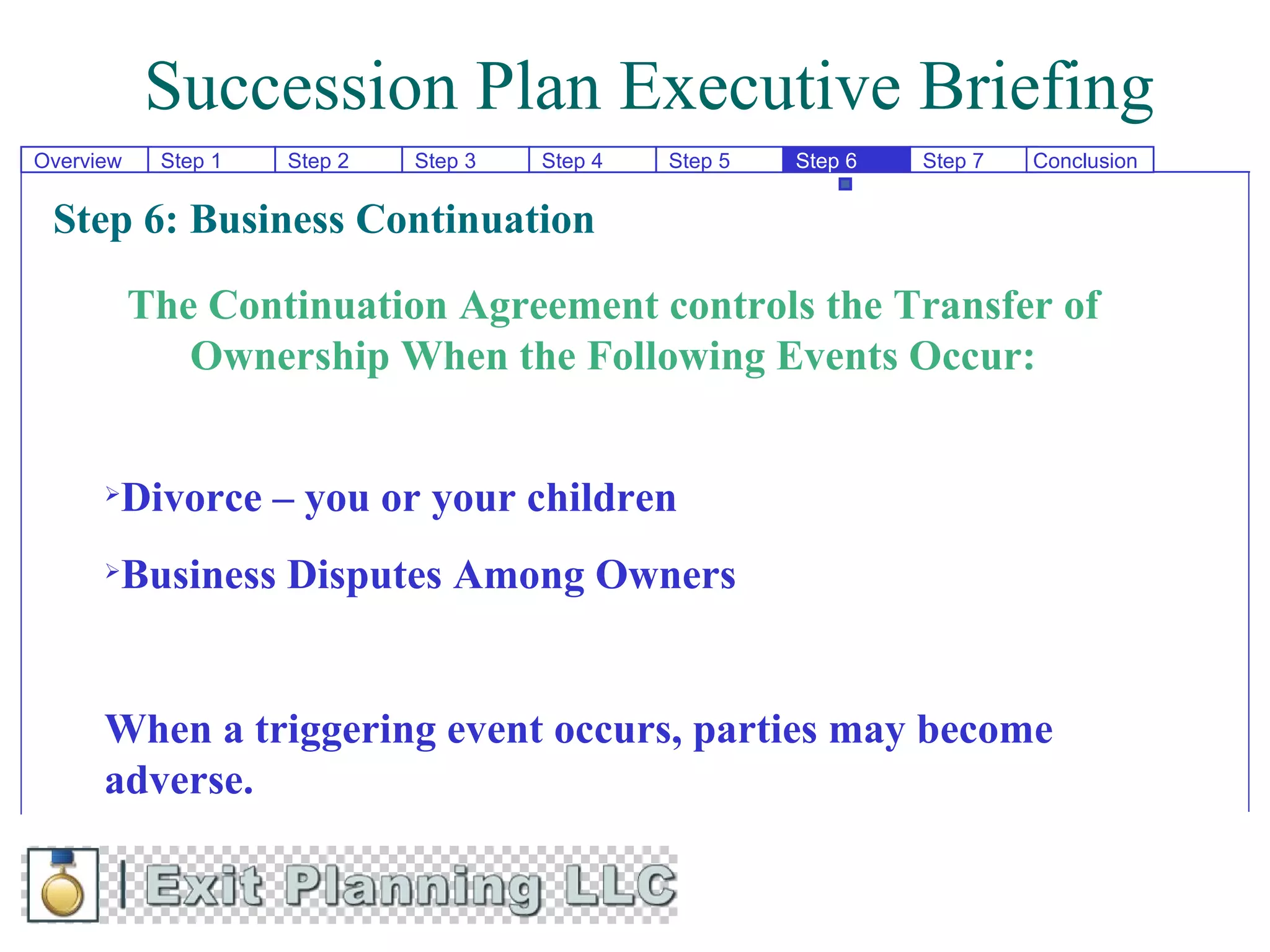 Succession Plan Executive Briefing
Overview    Step 1   Step 2   Step 3   Step 4   Step 5   Step 6   Step 7   Conclusion


 Step 6: Business Continuation

           The Continuation Agreement controls the Transfer of
              Ownership When the Following Events Occur:


      Divorce – you or your children
      Business Disputes Among Owners


      When a triggering event occurs, parties may become
      adverse.
 