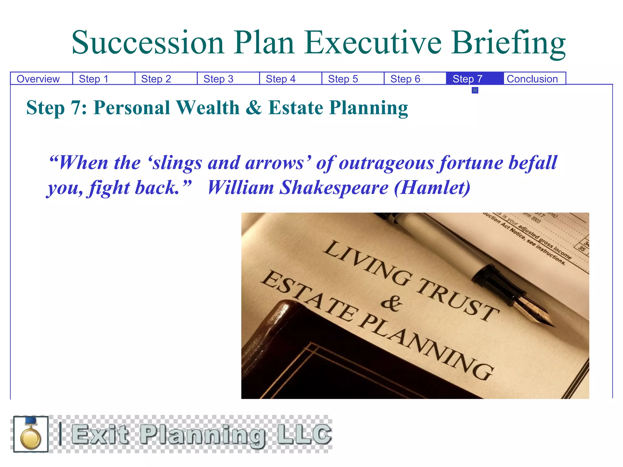 Succession Plan Executive Briefing
Overview   Step 1   Step 2   Step 3   Step 4   Step 5   Step 6   Step 7   Conclusion


 Step 7: Personal Wealth & Estate Planning

     “When the ‘slings and arrows’ of outrageous fortune befall
     you, fight back.” William Shakespeare (Hamlet)
 