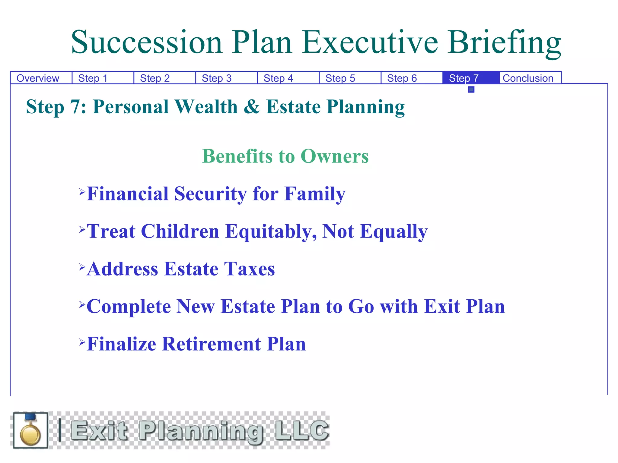 Succession Plan Executive Briefing
Overview   Step 1   Step 2   Step 3   Step 4   Step 5   Step 6   Step 7   Conclusion


 Step 7: Personal Wealth & Estate Planning

                             Benefits to Owners
           Financial Security for Family
           Treat Children Equitably, Not Equally
           Address Estate Taxes
           Complete New Estate Plan to Go with Exit Plan
           Finalize Retirement Plan
 