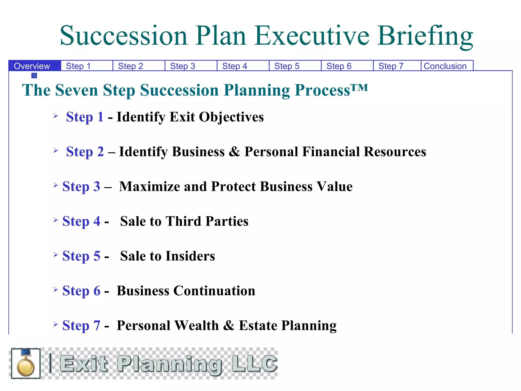 Succession Plan Executive Briefing
Overview       Step 1   Step 2   Step 3    Step 4   Step 5   Step 6   Step 7   Conclusion


 The Seven Step Succession Planning Process™
              Step 1 - Identify Exit Objectives

              Step 2 – Identify Business & Personal Financial Resources

              Step 3 – Maximize and Protect Business Value

              Step 4 - Sale to Third Parties

              Step 5 - Sale to Insiders

              Step 6 - Business Continuation

              Step 7 - Personal Wealth & Estate Planning
 