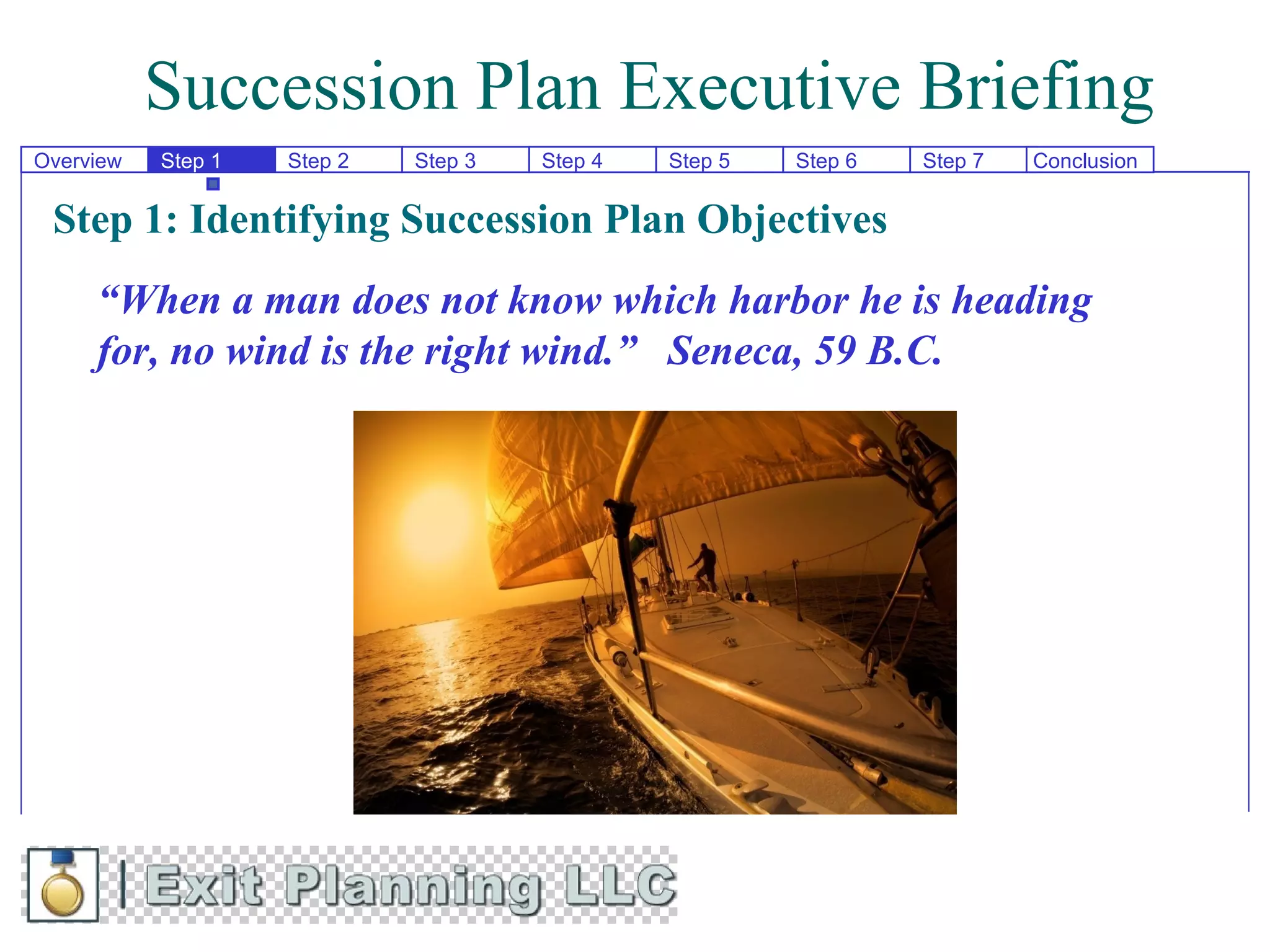 Succession Plan Executive Briefing
Overview   Step 1   Step 2   Step 3   Step 4   Step 5   Step 6   Step 7   Conclusion


 Step 1: Identifying Succession Plan Objectives
     “When a man does not know which harbor he is heading
     for, no wind is the right wind.” Seneca, 59 B.C.
 