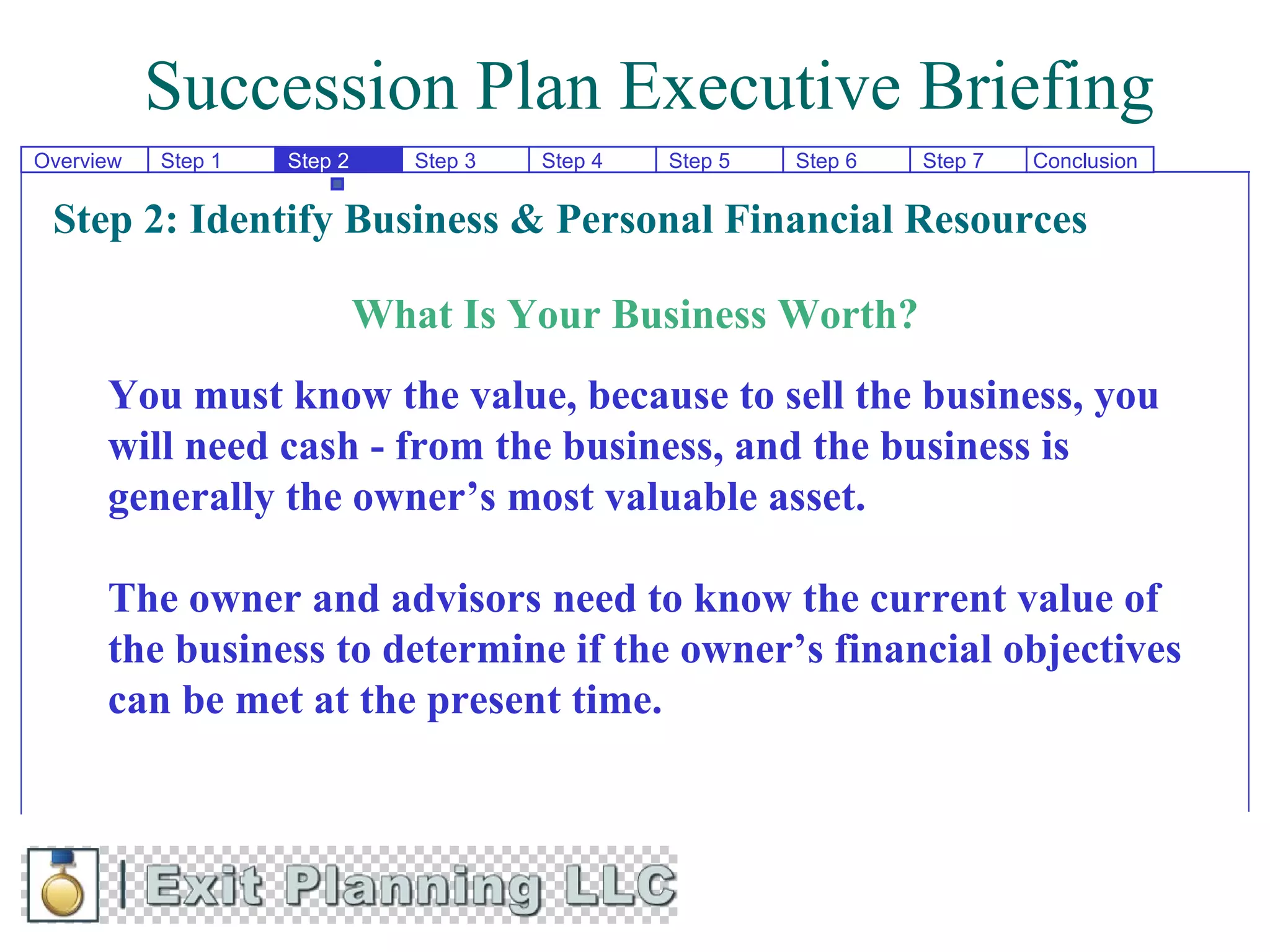 Succession Plan Executive Briefing
Overview   Step 1   Step 2      Step 3   Step 4   Step 5   Step 6   Step 7   Conclusion


 Step 2: Identify Business & Personal Financial Resources

                             What Is Your Business Worth?
      You must know the value, because to sell the business, you
      will need cash - from the business, and the business is
      generally the owner’s most valuable asset.

      The owner and advisors need to know the current value of
      the business to determine if the owner’s financial objectives
      can be met at the present time.
 