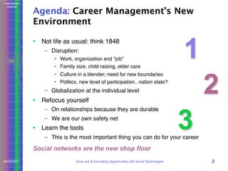Copyrighted
material

Agenda: Career Management’s New
Environment
• Not life as usual: think 1848
– Disruption:
• Work, organization and “job”
• Family size, child raising, elder care

1
2

• Culture in a blender; need for new boundaries
• Politics, new level of participation.. nation state?

– Globalization at the individual level

• Refocus yourself
– On relationships because they are durable
– We are our own safety net

• Learn the tools

3

– This is the most important thing you can do for your career

Social networks are the new shop floor
06/08/2011

Drive Job & Consulting Opportunities with Social Technologies

2

 