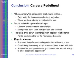Copyrighted
material

Conclusion: Careers Redeﬁned
• “The economy” is not coming back, but it will be…
– Even better for those who understand and adapt
– Worse for those who try to hold onto the past

• Social networks open relationships
– Connect, share and form relationships
– Most people donʼt know how: you can take the lead

• The tools drive down the transaction costs of relationship
– Fordʼs production line for the Knowledge Economy

• Keys to success
– Scenarios: keep focused and opportunities will come to you
– Consistency: interacting in digital environments scales with time
– Authenticity: your passions are good connectors and will lead you
to other people and opportunity
06/08/2011

Drive Job & Consulting Opportunities with Social Technologies

20

 