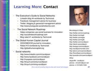 Copyrighted
material

Learning More: Contact
• The Executiveʼs Guide to Social Networks
–
–
–
–

•

LinkedIn blog #4 worldwide by Technorati
Facebook management advice for business
Twitter, blogging & geosocial management advice
http://executivesguide-socialnetworks.com

The Social Network Roadmap
–
–
–

Helps companies use social business for innovation
http://socialnetworkroadmap.com
Blog rated #1 worldwide by Technorati

• The Global Human Capital Journal
–
–
–

CEO/CMO/CIO journal for innovation
Rated #10 worldwide by Technorati
http://globalhumancapital.org

• Social networks
–
–
–
–
–
06/08/2011

http://www.linkedin.com/in/csrollyson
http://www.facebook.com/csrollyson
http://myspace.com/csrollyson
http://tinyurl.com/orkut-csrollyson
http://tinyurl.com/xing-csrollyson
Drive Job & Consulting Opportunities with Social Technologies

Microblogs & Video
http://twitter.com/snroadmap
http://twitter.com/eglii
http://twitter.com/egtw
http://twitter.com/egfb
http://twitter.com/csrollyson
http://identi.ca/csrollyson
http://kwippy.com/csrollyson
http://csrollyson/tumblr.com/
http://plurk.com/user/csrollyson
http://friendfeed.com/csrollyson
http://youtube.com/user/csrollyson
Other
skype/IM - csrollyson
iphone - chris@rollyson.net
iphone +1.312.925.1549

21

 