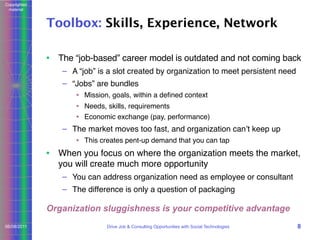 Copyrighted
material

Toolbox: Skills, Experience, Network
• The “job-based” career model is outdated and not coming back
– A “job” is a slot created by organization to meet persistent need
– “Jobs” are bundles
• Mission, goals, within a deﬁned context
• Needs, skills, requirements
• Economic exchange (pay, performance)

– The market moves too fast, and organization canʼt keep up
• This creates pent-up demand that you can tap

• When you focus on where the organization meets the market,
you will create much more opportunity
– You can address organization need as employee or consultant
– The difference is only a question of packaging

Organization sluggishness is your competitive advantage
06/08/2011

Drive Job & Consulting Opportunities with Social Technologies

8

 