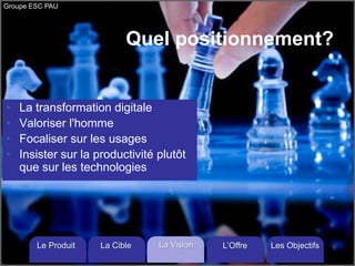 Groupe ESC PAU

Quel positionnement?

•
•
•
•

La transformation digitale
Valoriser l'homme
Focaliser sur les usages
Insister sur la productivité plutôt
que sur les technologies

Le Produit

La Cible

La Vision

L’Offre

Les Objectifs

 