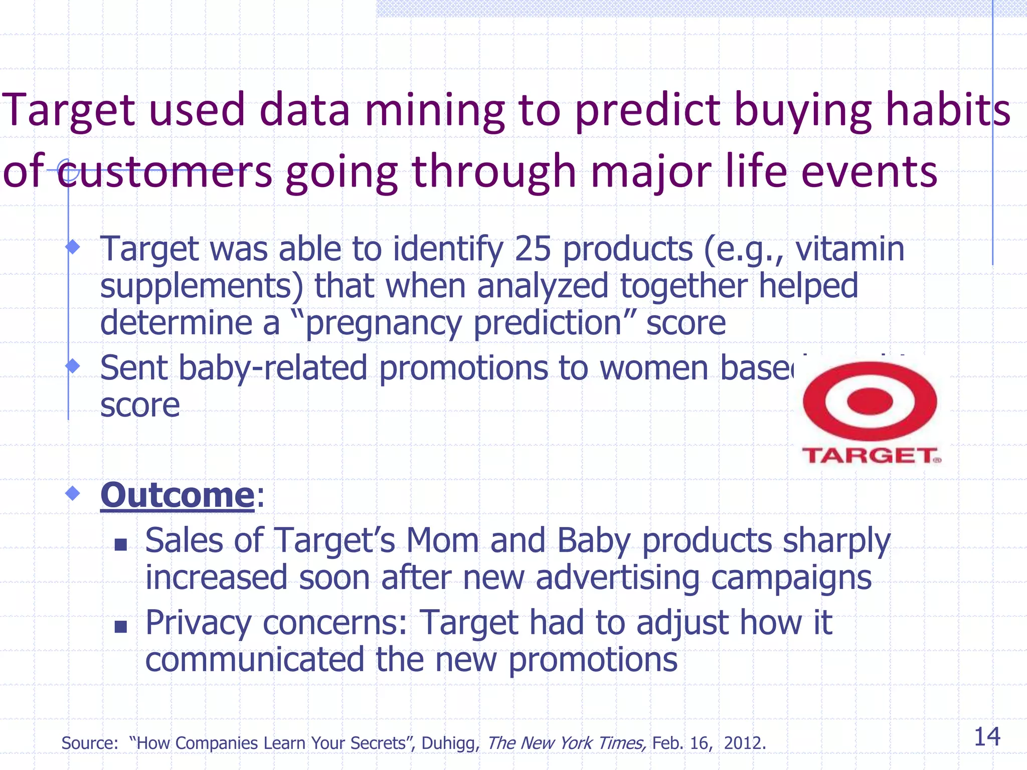 Target used data mining to predict buying habits
of customers going through major life events
 Target was able to identify 25 products (e.g., vitamin

supplements) that when analyzed together helped
determine a ―pregnancy prediction‖ score
 Sent baby-related promotions to women based on this
score

 Outcome:




Sales of Target’s Mom and Baby products sharply
increased soon after new advertising campaigns
Privacy concerns: Target had to adjust how it
communicated the new promotions

Source: ―How Companies Learn Your Secrets‖, Duhigg, The New York Times, Feb. 16, 2012.

14

 
