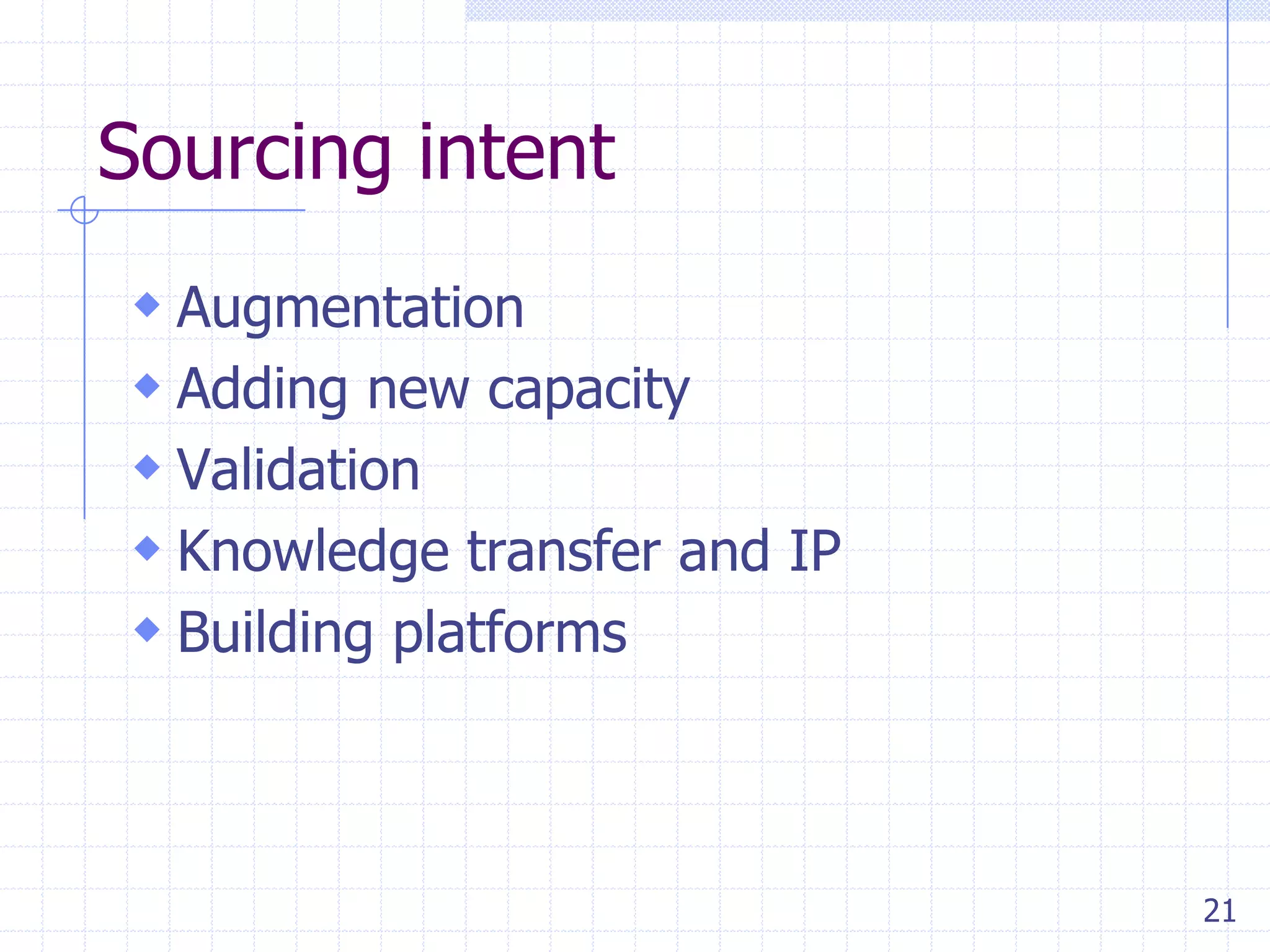 Sourcing intent
 Augmentation
 Adding new capacity
 Validation
 Knowledge transfer and IP
 Building platforms

21

 