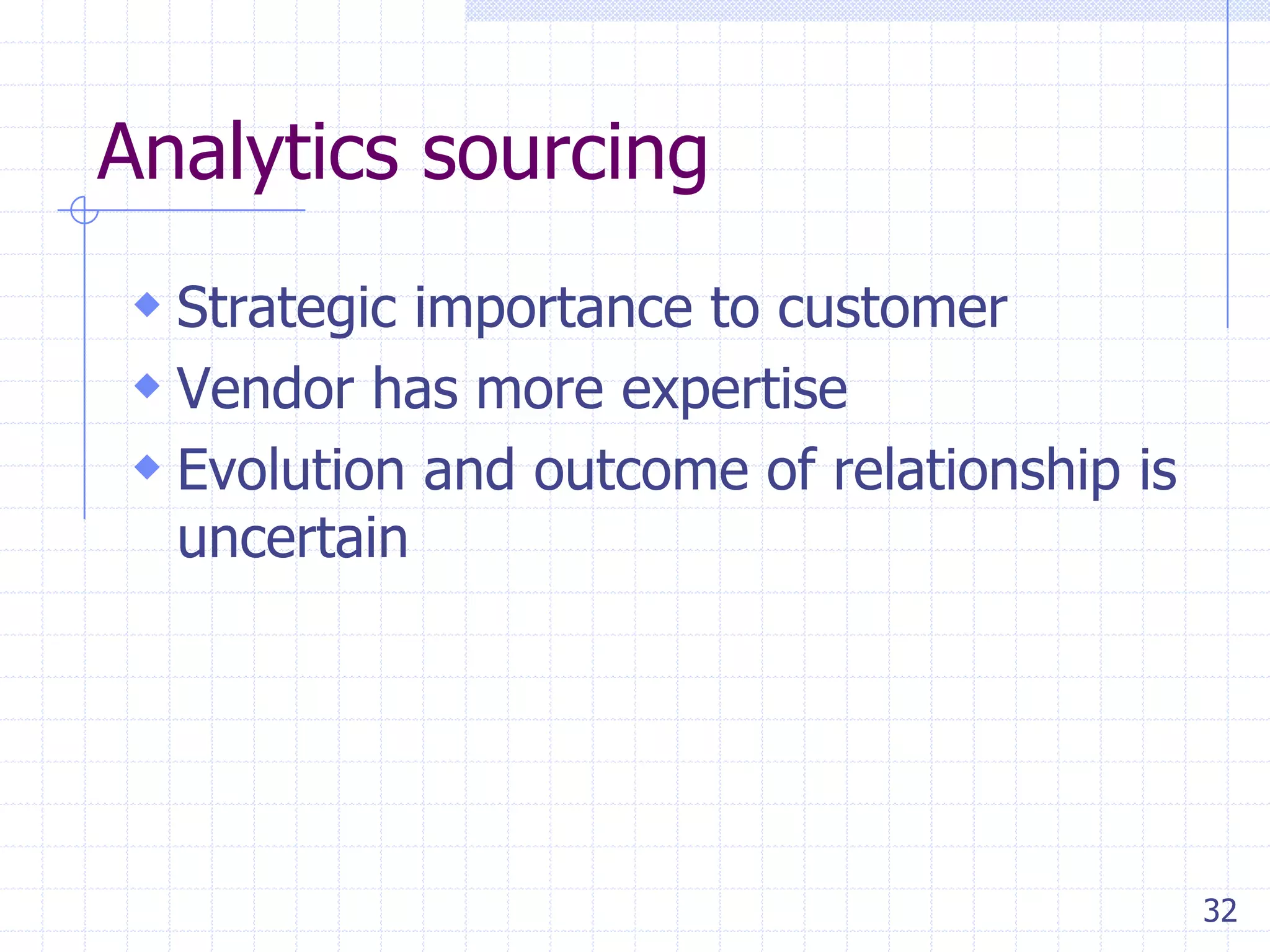 Analytics sourcing
 Strategic importance to customer
 Vendor has more expertise
 Evolution and outcome of relationship is
uncertain

32

 