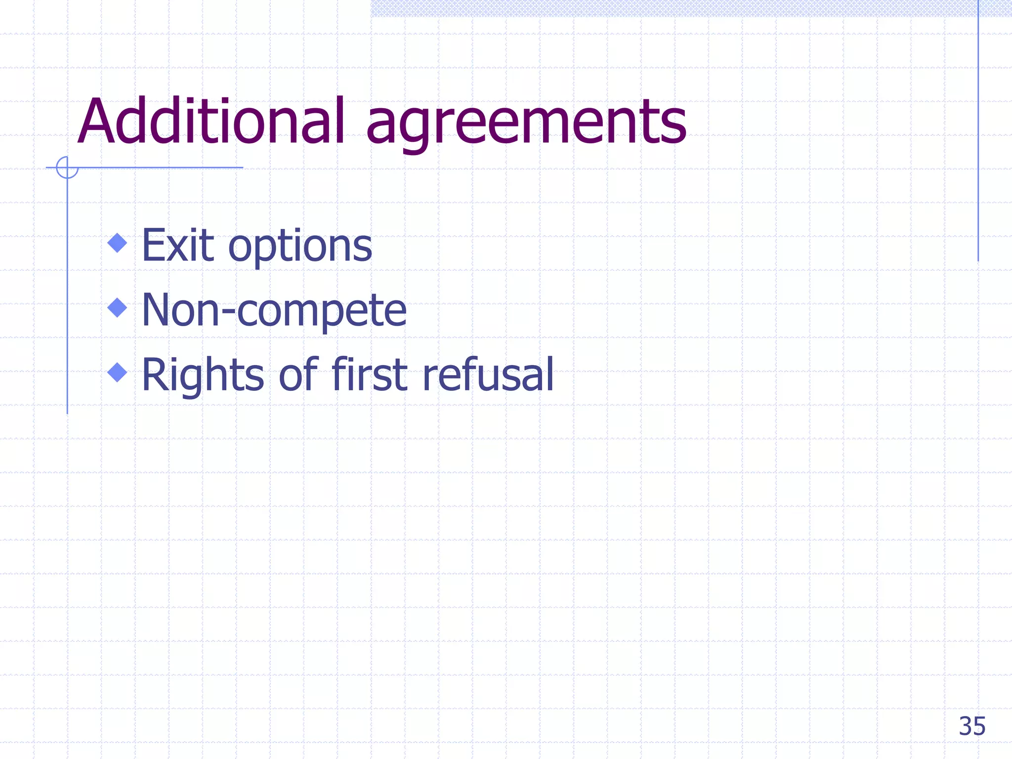 Additional agreements
 Exit options
 Non-compete
 Rights of first refusal

35

 