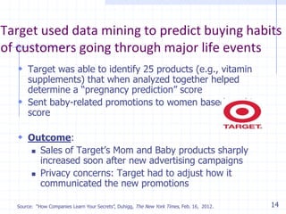 Target used data mining to predict buying habits
of customers going through major life events
 Target was able to identify 25 products (e.g., vitamin

supplements) that when analyzed together helped
determine a ―pregnancy prediction‖ score
 Sent baby-related promotions to women based on this
score

 Outcome:




Sales of Target’s Mom and Baby products sharply
increased soon after new advertising campaigns
Privacy concerns: Target had to adjust how it
communicated the new promotions

Source: ―How Companies Learn Your Secrets‖, Duhigg, The New York Times, Feb. 16, 2012.

14

 