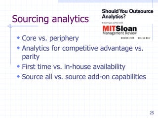 Sourcing analytics
 Core vs. periphery
 Analytics for competitive advantage vs.

parity
 First time vs. in-house availability
 Source all vs. source add-on capabilities

25

 