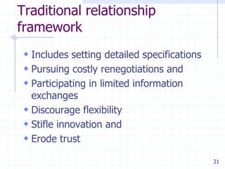 Traditional relationship
framework
 Includes setting detailed specifications
 Pursuing costly renegotiations and
 Participating in limited information
exchanges
 Discourage flexibility
 Stifle innovation and
 Erode trust

31

 