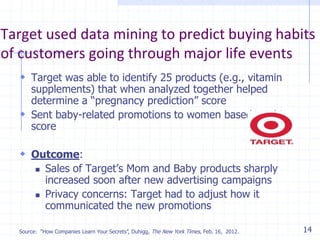 Target used data mining to predict buying habits
of customers going through major life events
 Target was able to identif...
