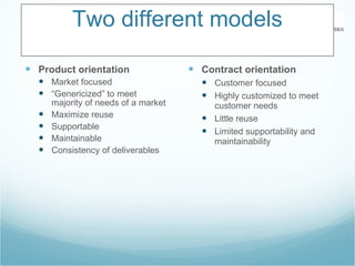 Two different models Product orientation Market focused “ Genericized” to meet majority of needs of a market Maximize reuse Supportable Maintainable Consistency of deliverables Contract orientation Customer focused Highly customized to meet customer needs Little reuse Limited supportability and maintainability 