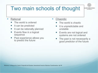 Two main schools of thought Rational The world is ordered It can be predicted It can be rationally planned Events flow in a logical sequence Past experience allows you to predict the future Chaordic The world is chaotic It is unpredictable and unstable Events are not logical and systems are not ordered The past is not necessarily a good predictor of the future Reference: Letting go for Control, Fitzgerald and Eijnatten, International Journal of Business Transformation, Apr 98 