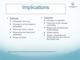 Implications Rational  Schedules are king Change is to be limited or eliminated Plans are cast in stone Resources are fixed and dedicated Goals are fixed Chaordic Change is expected Plans are to be revised constantly Resources are fluid and multi-tasking Goals evolve  Scope, schedule and resources are all in flux at the same time Reference: Letting go for Control, Fitzgerald and Eijnatten, International Journal of Business Transformation, Apr 98 