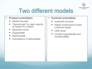 Two different models Product orientation Market focused “ Genericized” to meet majority of needs of a market Maximize reuse Supportable Maintainable Consistency of deliverables Contract orientation Customer focused Highly customized to meet customer needs Little reuse Limited supportability and maintainability 