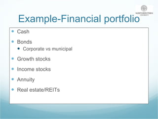 Example-Financial portfolio Cash Bonds Corporate vs municipal Growth stocks Income stocks Annuity Real estate/REITs 