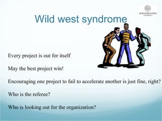 Wild west syndrome Every project is out for itself May the best project win! Encouraging one project to fail to accelerate another is just fine, right? Who is the referee? Who is looking out for the organization? 