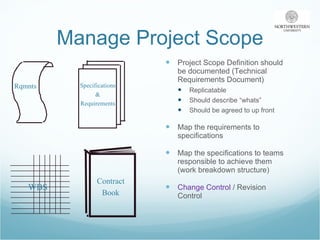 Manage Project Scope Project Scope Definition should be documented (Technical Requirements Document) Replicatable Should describe “whats” Should be agreed to up front  Map the requirements to specifications Map the specifications to teams responsible to achieve them (work breakdown structure) Change Control  / Revision Control Contract Book Rqmnts Specifications & Requirements WBS 