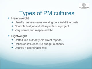 Types of PM cultures Heavyweight Usually has resources working on a solid line basis Controls budget and all aspects of a project  Very senior and respected PM Lightweight Dotted line authority-No direct reports Relies on influence-No budget authority Usually a coordinator role  