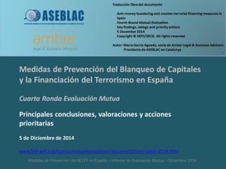 Principales conclusiones, valoraciones y acciones prioritarias. Medidas de Prevención del Blanqueo de Capitales y la Financiación del Terrorismo. Cuarta Ronda Evaluación Mutua. 