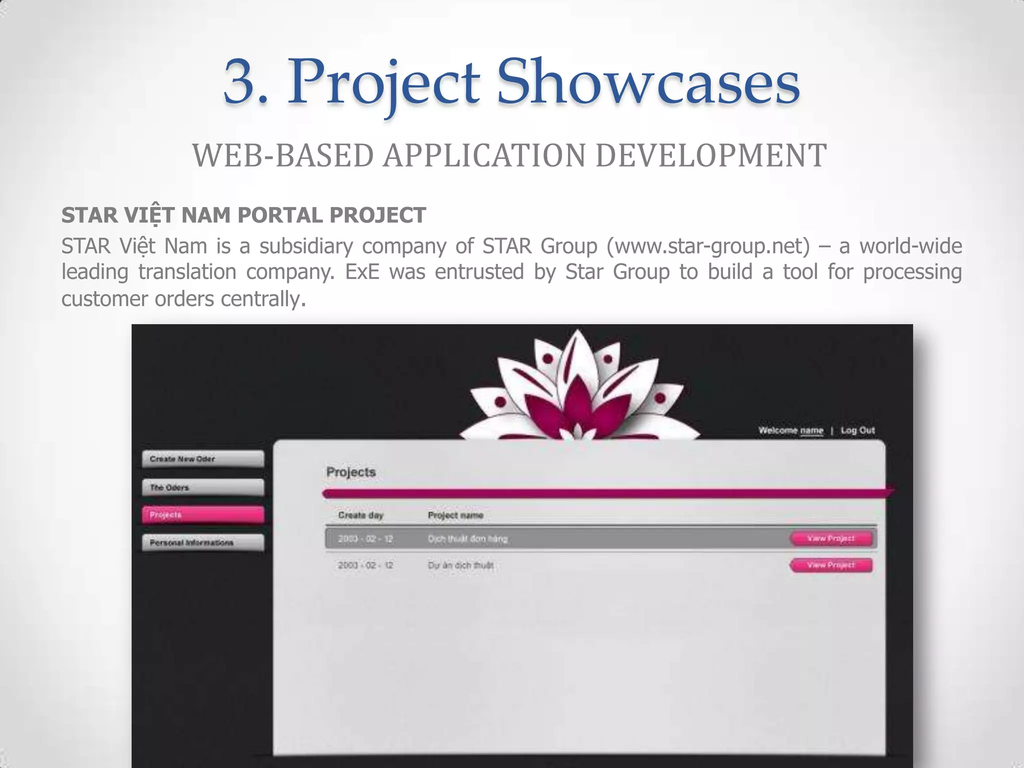 3. Project Showcases
             WEB-BASED APPLICATION DEVELOPMENT
STAR VIỆT NAM PORTAL PROJECT
STAR Việt Nam is a subsidiary company of STAR Group (www.star-group.net) – a world-wide
leading translation company. ExE was entrusted by Star Group to build a tool for processing
customer orders centrally.
 