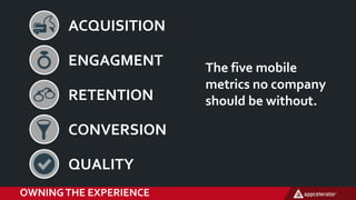 OWNINGTHE EXPERIENCE
ENGAGMENT
ACQUISITION
RETENTION
CONVERSION
QUALITY
The five mobile
metrics no company
should be without.
 