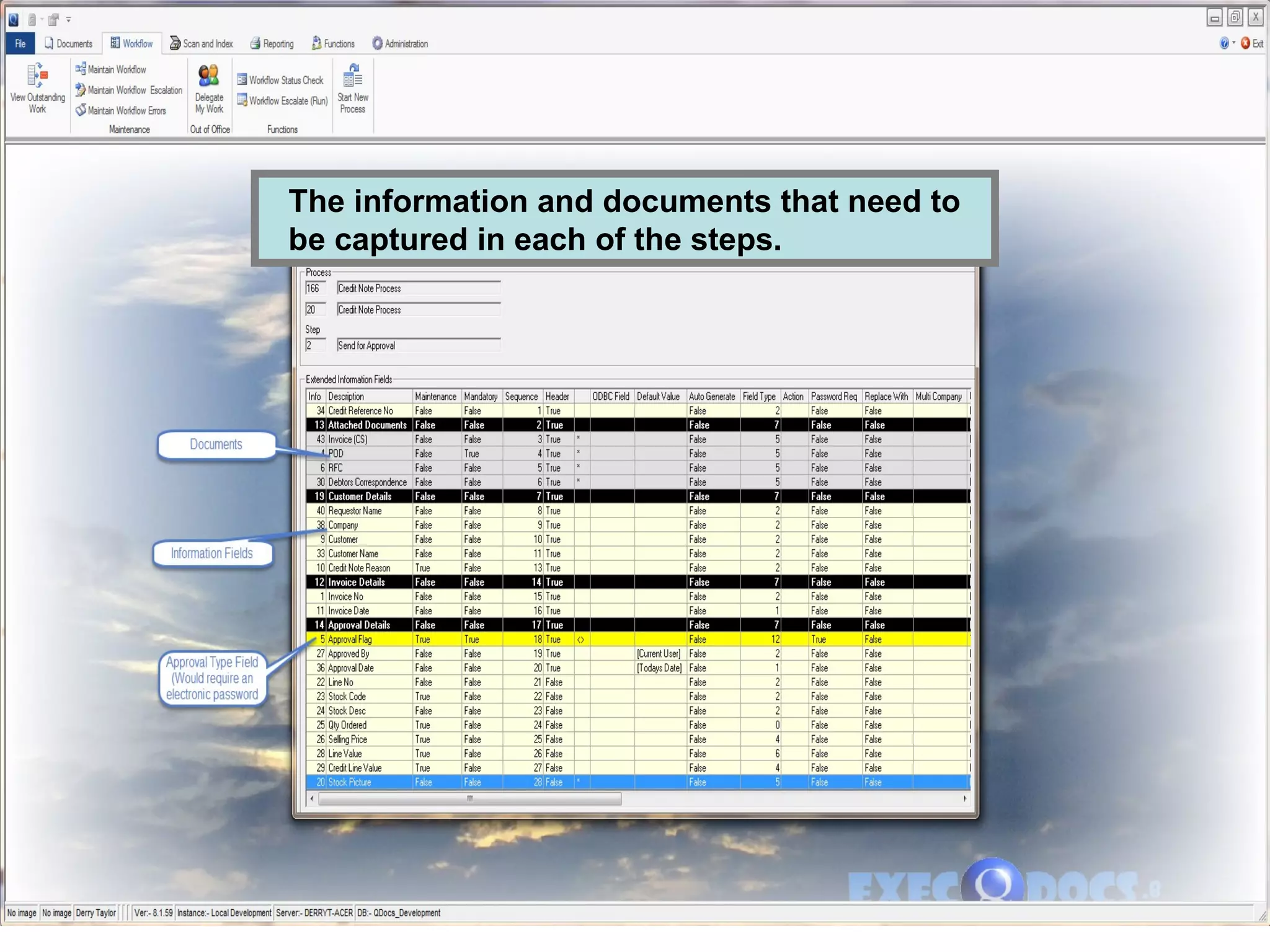 The information and documents that need to
be captured in each of the steps.
 