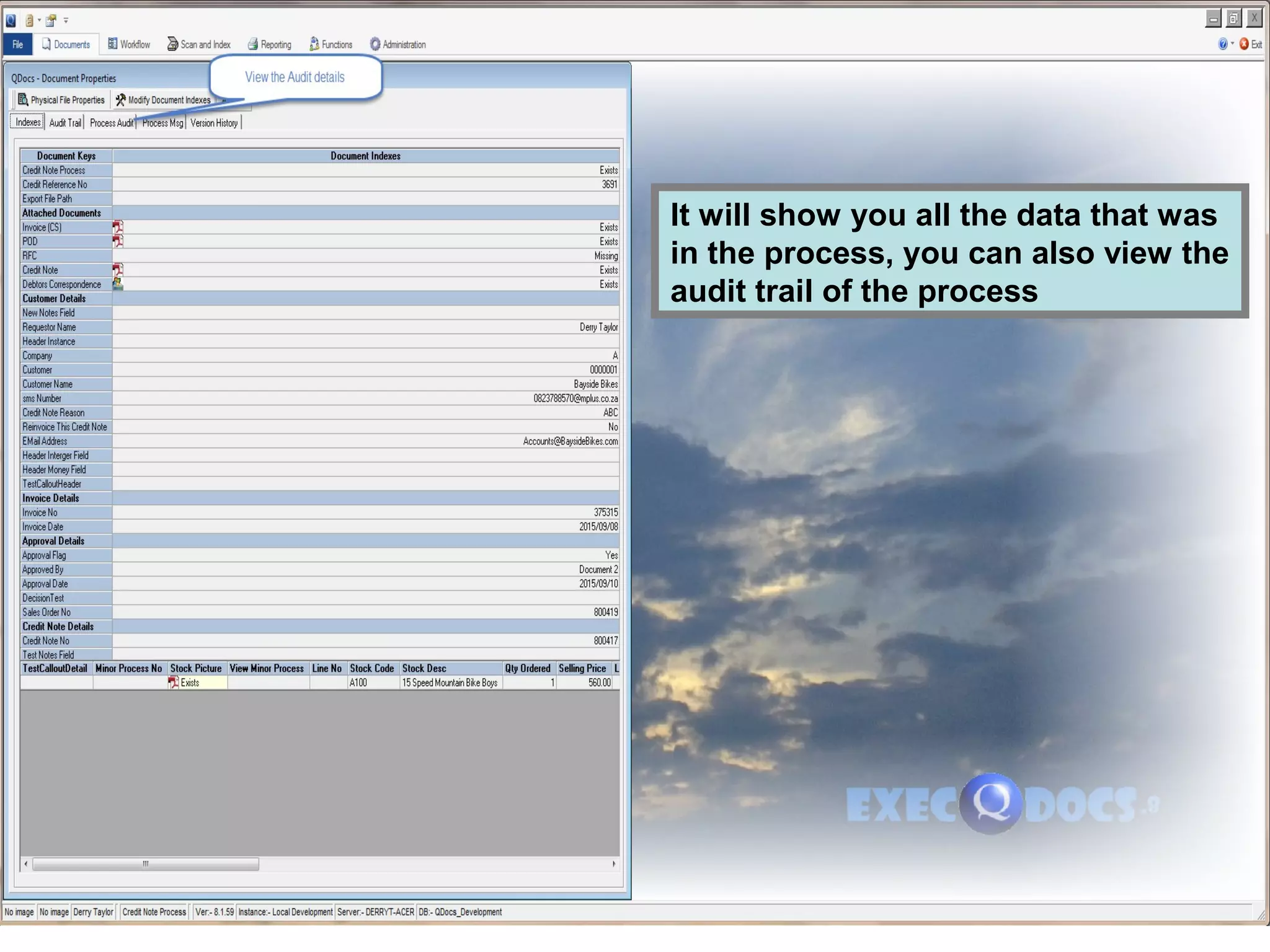 It will show you all the data that was
in the process, you can also view the
audit trail of the process
 