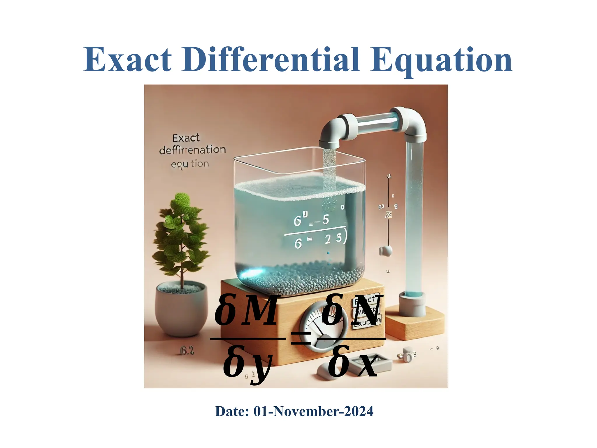 Exact Differential Equation
𝜹𝑴
𝜹𝒚
=
𝜹 𝑵
𝜹 𝒙
Date: 01-November-2024
 