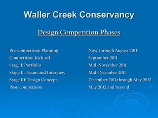 Waller Creek Conservancy Design Competition Phases Pre-competition Planning  Now through August 2011 Competition Kick-off  September 2011 Stage I: Portfolio  Mid-November 2011 Stage II: Teams and Interview  Mid-December 2011 Stage III: Design Concept  December 2011 through May 2012 Post-competition  May 2012 and beyond 