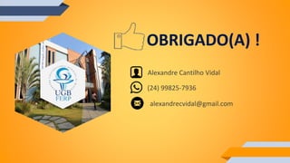 OBRIGADO(A) !
Alexandre Cantilho Vidal
(24) 99825-7936
alexandrecvidal@gmail.com
 