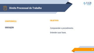 Direito Processual do Trabalho
OBJETIVO:
Compreender o procedimento.
Entender suas fases.
2
CONTEÚDO(S):
EXECUÇÃO
 