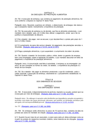 CAPÍTULO V 
DA EXECUÇÃO DE PRESTAÇÃO ALIMENTÍCIA 
Art. 732. A execução de sentença, que condena ao pagamento de prestação alimentícia, far-se- 
á conforme o disposto no Capítulo IV deste Título. 
Parágrafo único. Recaindo a penhora em dinheiro, o oferecimento de embargos não obsta a 
que o exeqüente levante mensalmente a importância da prestação. 
Art. 733. Na execução de sentença ou de decisão, que fixa os alimentos provisionais, o juiz 
mandará citar o devedor para, em 3 (três) dias, efetuar o pagamento, provar que o fez ou 
justificar a impossibilidade de efetuá-lo. 
§ 1o Se o devedor não pagar, nem se escusar, o juiz decretar-lhe-á a prisão pelo prazo de 1 
(um) a 3 (três) meses. 
§ 2o O cumprimento da pena não exime o devedor do pagamento das prestações vencidas e 
vincendas. (Redação dada pela Lei nº 6.515, de 26.12.1977) 
§ 3o Paga a prestação alimentícia, o juiz suspenderá o cumprimento da ordem de prisão. 
Art. 734. Quando o devedor for funcionário público, militar, diretor ou gerente de empresa, 
bem como empregado sujeito à legislação do trabalho, o juiz mandará descontar em folha de 
pagamento a importância da prestação alimentícia. 
Parágrafo único. A comunicação será feita à autoridade, à empresa ou ao empregador por 
ofício, de que constarão os nomes do credor, do devedor, a importância da prestação e o 
tempo de sua duração. 
Art. 735. Se o devedor não pagar os alimentos provisionais a que foi condenado, pode o 
credor promover a execução da sentença, observando-se o procedimento estabelecido no 
Capítulo IV deste Título. 
TÍTULO III 
DOS EMBARGOS DO DEVEDOR 
CAPÍTULO I 
DAS DISPOSIÇÕES GERAIS 
Art. 736. O executado, independentemente de penhora, depósito ou caução, poderá opor -se 
à execução por meio de embargos. (Redação dada pela Lei nº 11.382, de 2006). 
Parágrafo único. Os embargos à execução serão distribuídos por dependência, autuados em apartado e 
instruídos com cópias das peças processuais relevantes, que poderão ser declaradas aut ênticas pelo 
advogado, sob sua responsabilidade pessoal. (Redação dada pela Lei nº 12.322, de 2010) 
Art. 737. (Revogado pela Lei nº 11.382, de 2006) 
Art. 738. Os embargos serão oferecidos no prazo de 15 (quinze) dias, contados da data da 
juntada aos autos do mandado de citação. (Redação dada pela Lei nº 11.382, de 2006). 
§ 1o Quando houver mais de um executado, o prazo para cada um deles embargar conta -se 
a partir da juntada do respectivo mandado citatório, salvo tratando-se de cônjuges. (Incluído 
pela Lei nº 11.382, de 2006). 
 