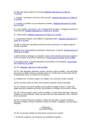 Art. 568. São sujeitos passivos na execução: (Redação dada pela Lei nº 5.925, de 
1º.10.1973) 
I - o devedor, reconhecido como tal no título executivo; (Redação dada pela Lei nº 5.925, de 
1º.10.1973) 
II - o espólio, os herdeiros ou os sucessores do devedor; (Redação dada pela Lei nº 5.925, 
de 1º.10.1973) 
III - o novo devedor, que assumiu, com o consentimento do credor, a obrigação resultante do 
título executivo; (Redação dada pela Lei nº 5.925, de 1º.10.1973) 
IV - o fiador judicial; (Redação dada pela Lei nº 5.925, de 1º.10.1973) 
V - o responsável tributário, assim definido na legislação própria. (Redação dada pela Lei nº 
5.925, de 1º.10.1973) 
Art. 569. O credor tem a faculdade de desistir de toda a execução ou de apenas algumas 
medidas executivas. 
Parágrafo único. Na desistência da execução, observar-se-á o seguinte: (Incluído pela Lei nº 
8.953, de 13.12.1994) 
a) serão extintos os embargos que versarem apenas sobre questões processuais, pagando o 
credor as custas e os honorários advocatícios; (Incluído pela Lei nº 8.953, de 13.12.1994) 
b) nos demais casos, a extinção dependerá da concordância do embargante. (Incluído pela 
Lei nº 8.953, de 13.12.1994) 
Art. 570. (Revogado pela Lei nº 11.232, de 2005) 
Art. 571. Nas obrigações alternativas, quando a escolha couber ao devedor, este será citado 
para exercer a opção e realizar a prestação dentro em 10 (dez) dias, se outro prazo não Ihe 
foi determinado em lei, no contrato, ou na sentença. 
§ 1o Devolver-se-á ao credor a opção, se o devedor não a exercitou no prazo marcado. 
§ 2o Se a escolha couber ao credor, este a indicará na petição inicial da execução. 
Art. 572. Quando o juiz decidir relação jurídica sujeita a condição ou termo, o credor não 
poderá executar a sentença sem provar que se realizou a condição ou que ocorreu o termo. 
Art. 573. É lícito ao credor, sendo o mesmo o devedor, cumular várias execuções, ainda que 
fundadas em títulos diferentes, desde que para todas elas seja competente o juiz e idêntica a 
forma do processo. 
Art. 574. O credor ressarcirá ao devedor os danos que este sofreu, quando a sentença, 
passada em julgado, declarar inexistente, no todo ou em parte, a obrigação, que deu lugar à 
execução. 
CAPÍTULO II 
DA COMPETÊNCIA 
Art. 575. A execução, fundada em título judicial, processar-se-á perante: 
I - os tribunais superiores, nas causas de sua competência originária; 
 