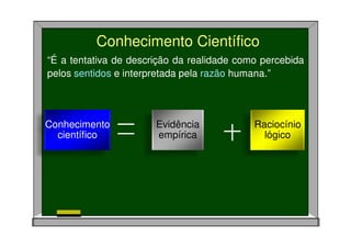 Conhecimento Científico
“É a tentativa de descrição da realidade como percebida
pelos sentidos e interpretada pela razão humana.”
Conhecimento
científico
Evidência
empírica
Raciocínio
lógico
 
