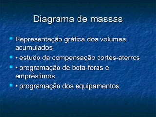 Diagrama de massasDiagrama de massas
 Representação gráfica dos volumesRepresentação gráfica dos volumes
acumuladosacumulados
 •• estudo da compensação cortes-aterrosestudo da compensação cortes-aterros
 •• programação de bota-foras eprogramação de bota-foras e
empréstimosempréstimos
 •• programação dos equipamentosprogramação dos equipamentos
 