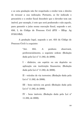 100
e se esta gradação não for respeitada o credor tem o direito
de recusar a sua indicação. Portanto, se for indicado o
precatório e o credor fiscal descobrir que o devedor tem um
imóvel, por exemplo, é este que será penhorado e não aquele,
para garantir o juízo numa execução fiscal, segundo o art.
656, I, do Código de Processo Civil (STJ – REsp. Ag
973013/RJ).
A gradação legal, segundo o art. 655 do Código de
Processo Civil é a seguinte:
“Art. 655. A penhora observará,
preferencialmente, a seguinte ordem: (Redação
dada pela Lei nº 11.382, de 2006).
I - dinheiro, em espécie ou em depósito ou
aplicação em instituição financeira; (Redação
dada pela Lei nº 11.382, de 2006).
II - veículos de via terrestre; (Redação dada pela
Lei nº 11.382, de 2006).
III - bens móveis em geral; (Redação dada pela
Lei nº 11.382, de 2006).
IV - bens imóveis; (Redação dada pela Lei nº
11.382, de 2006).
 
