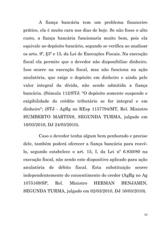 57
A fiança bancária tem um problema financeiro
prático, ela é muito cara nos dias de hoje. Se não fosse o alto
custo, a fiança bancária funcionaria muito bem, pois ela
equivale ao depósito bancário, segundo se verifica ao analisar
os arts. 9º, §3º e 15, da Lei de Execuções Fiscais. Na execução
fiscal ela permite que o devedor não disponibilize dinheiro.
Isso ocorre na execução fiscal, mas não funciona na ação
anulatória, que exige o depósito em dinheiro e ainda pelo
valor integral da dívida, não sendo admitida a fiança
bancária. (Súmula 112/STJ: "O depósito somente suspende e
exigibilidade do crédito tributário se for integral e em
dinheiro"; (STJ - AgRg no REsp 1157794/MT, Rel. Ministro
HUMBERTO MARTINS, SEGUNDA TURMA, julgado em
16/03/2010, DJ 24/03/2010).
Caso o devedor tenha algum bem penhorado e precise
dele, também poderá oferecer a fiança bancária para reavê-
lo, segundo estabelece o art. 15, I, da Lei nº 6.830/80 na
execução fiscal, não sendo este dispositivo aplicado para ação
anulatória de débito fiscal. Esta substituição ocorre
independentemente do consentimento do credor (AgRg no Ag
1075169/SP, Rel. Ministro HERMAN BENJAMIN,
SEGUNDA TURMA, julgado em 02/03/2010, DJ 16/03/2010).
 